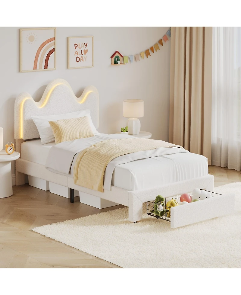 homfan Upholstered Led Platform Bed Frame with Flower Headboard and Storage Drawers, Wood Slat Support