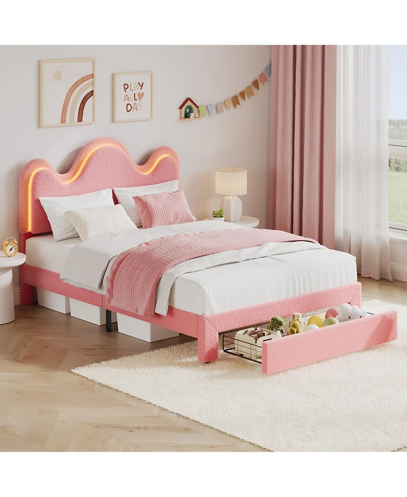 homfan Upholstered Led Platform Bed Frame with Flower Headboard and Storage Drawers, Wood Slat Support