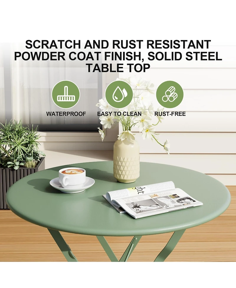 homfan 3-Piece Folding Bistro Set with 1 Table and 2 Chairs, Metal Patio for Balcony, Porch, Lawn, Indoor Outdoor Use