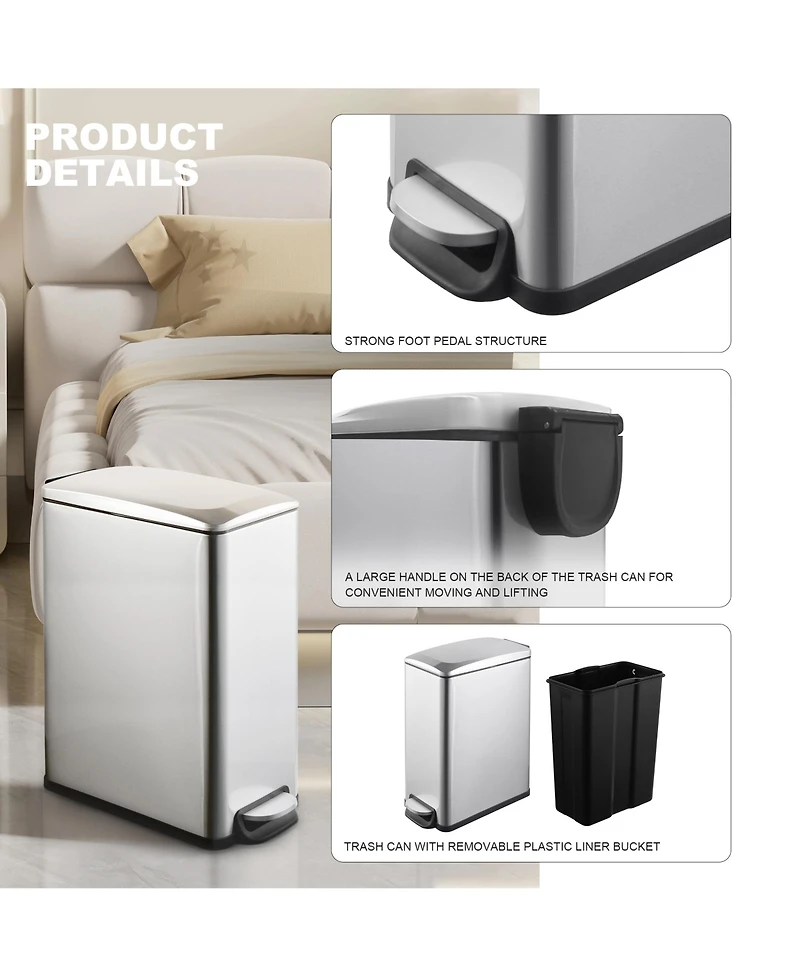 Mega Casa 2.6 Gal./10 Liter Slim Stainless Steel Step-on Trash Can for Bathroom and Office