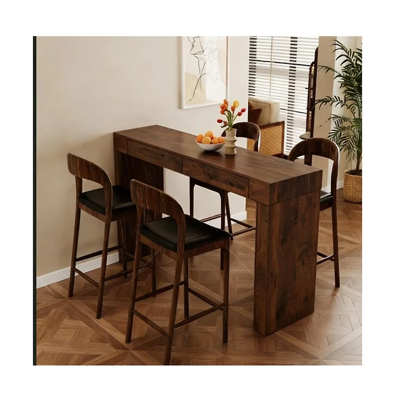 flynama 50" Walnut Wood Grain Bar Table with 2 Drawers