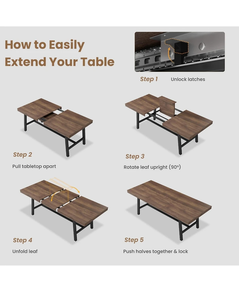 homfan Extendable Dining Table for 6-8, Industrial Rectangular Kitchen with Metal Frame, Expandable Wood-Top