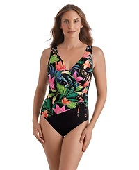 Longitude Women's Midnight Plumeria Shirred Faux Tie Surplice Extra Long Torso One-Piece Swimsuit