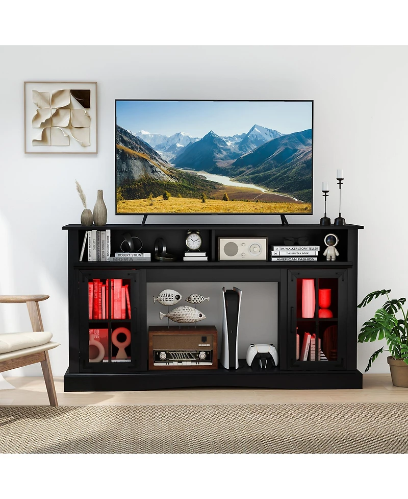 Gymax Tv Stand with Led Lights and Remote Control Storage Cabinets Adjustable Shelves