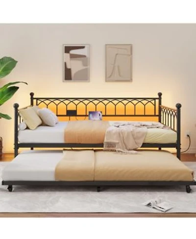 Homfan Twin Metal Daybed With Led Lights Charging Station Sofa Bed Frame With Optional Trundle For Guest Room Or Living Room