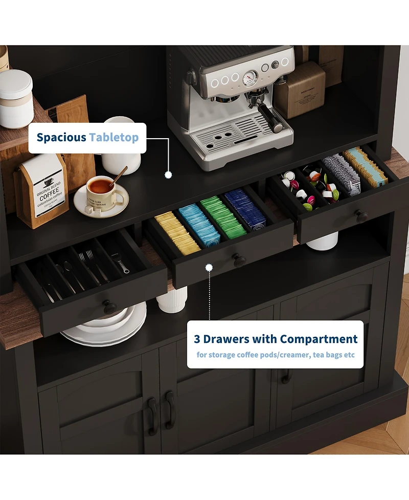 homfan 72 Inch Tall Farmhouse Coffee Bar Cabinet with Led Lights, Adjustable Shelves, Doors and Drawer, Multi-Room Storage Sideboard