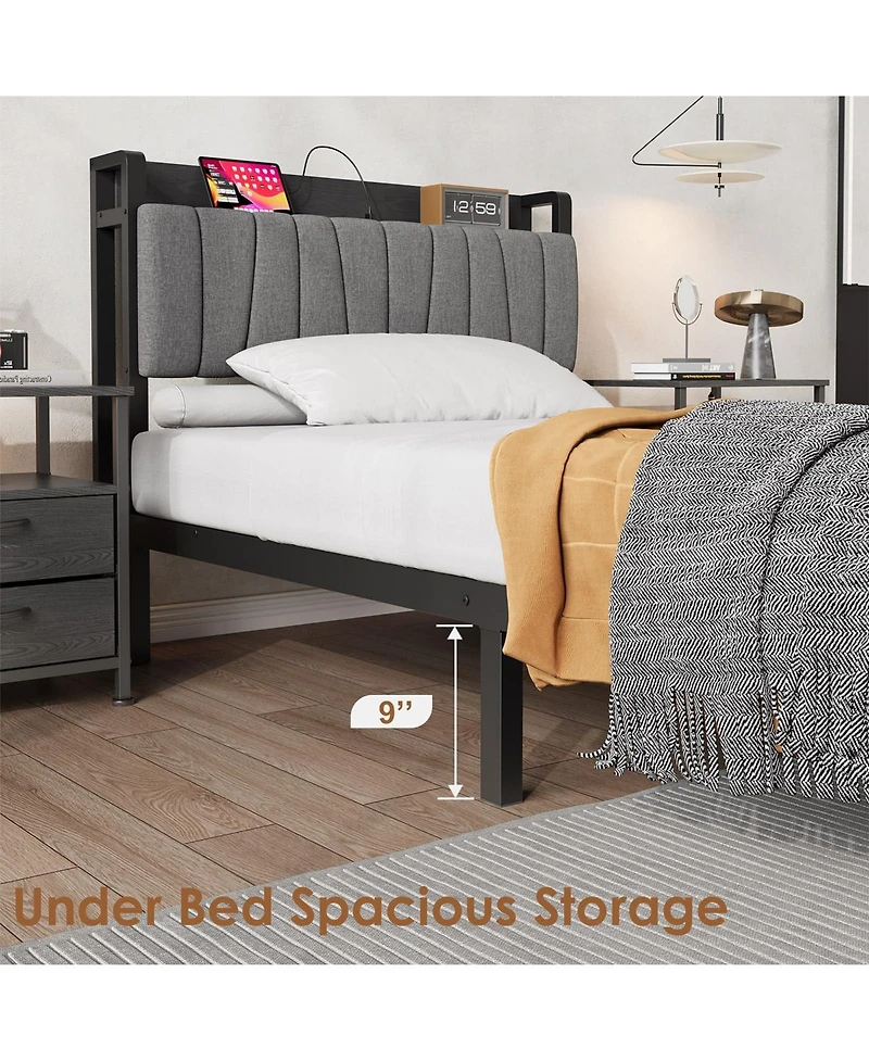 homfan Bed Frame with Storage Headboard, Platform Bed with Large Drawer and Charging Station