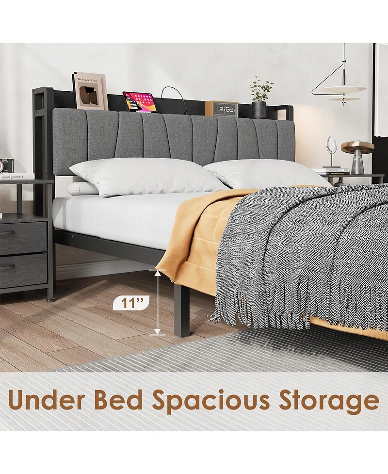 homfan Bed Frame with Storage Headboard, Platform Bed with Large Drawer and Charging Station