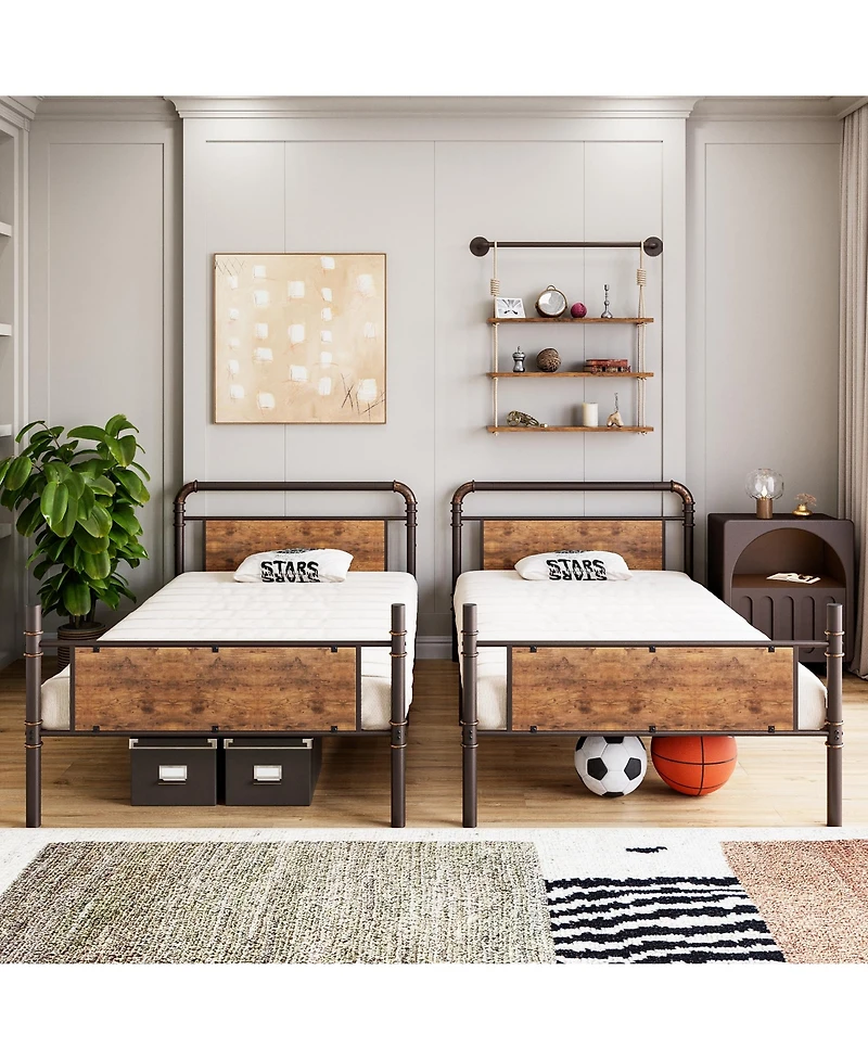 homfan Twin Over Metal Bunk Bed, Converts to 2 Single Beds, Detachable Ladder and Guardrails, Industrial Style with Board Accents