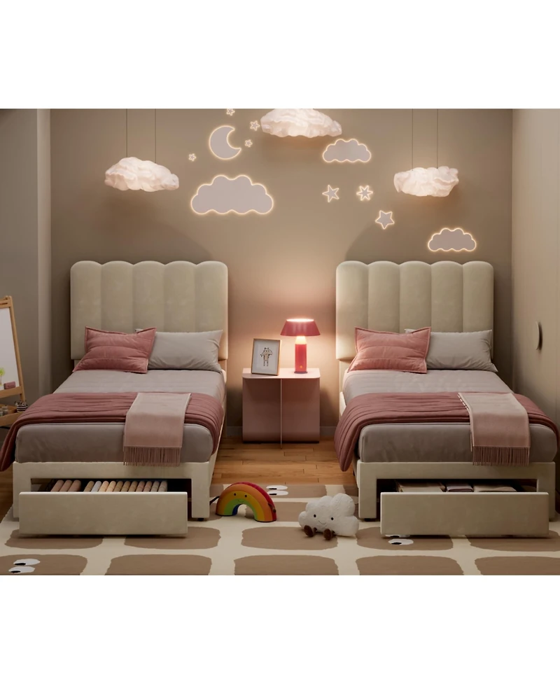 gaomonBed Frame with Under, Upholstered Platform Bed with Wave Headboard for Kids/Girls, No Box Spring Needed