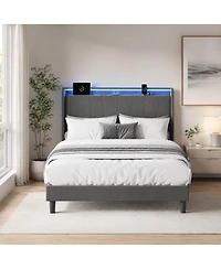 homfan Upholstered Platform Bed with App-Controlled Rgb Led Lighting and Built-In Charging Ports