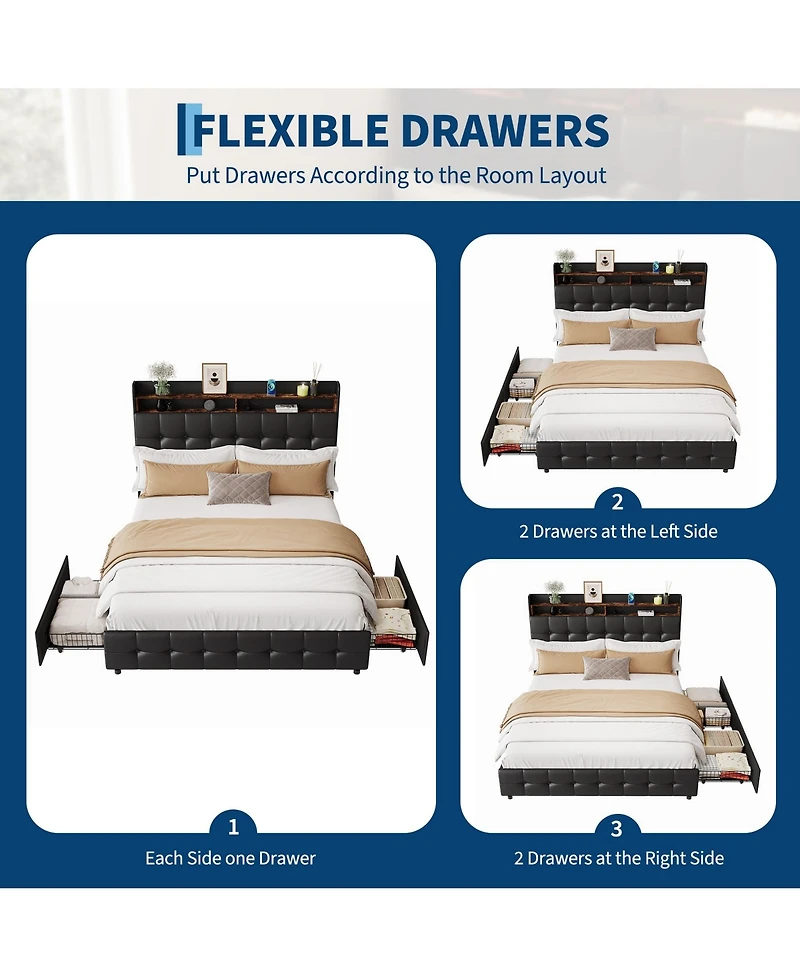 homfan Upholstered Bed Frame with Led Storage Headboard, Charging Station and 2 Drawers