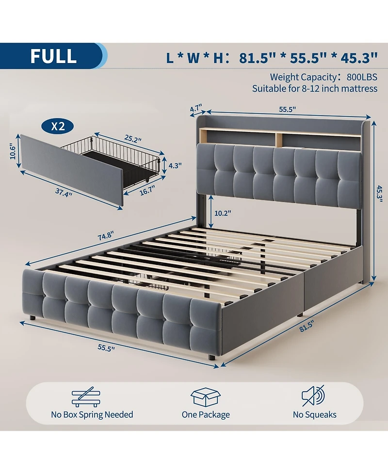 homfan Upholstered Bed Frame with Led Storage Headboard, Charging Station and 2 Drawers