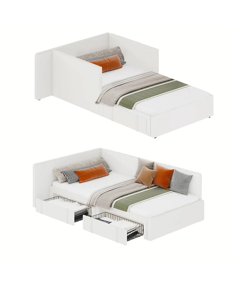 homfan Upholstered Daybed with 2 Storage Drawers, Adjustable Corner Bed Frame Extended Headboard and Guardrails