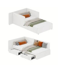 homfan Upholstered Daybed with 2 Storage Drawers, Adjustable Corner Bed Frame Extended Headboard and Guardrails