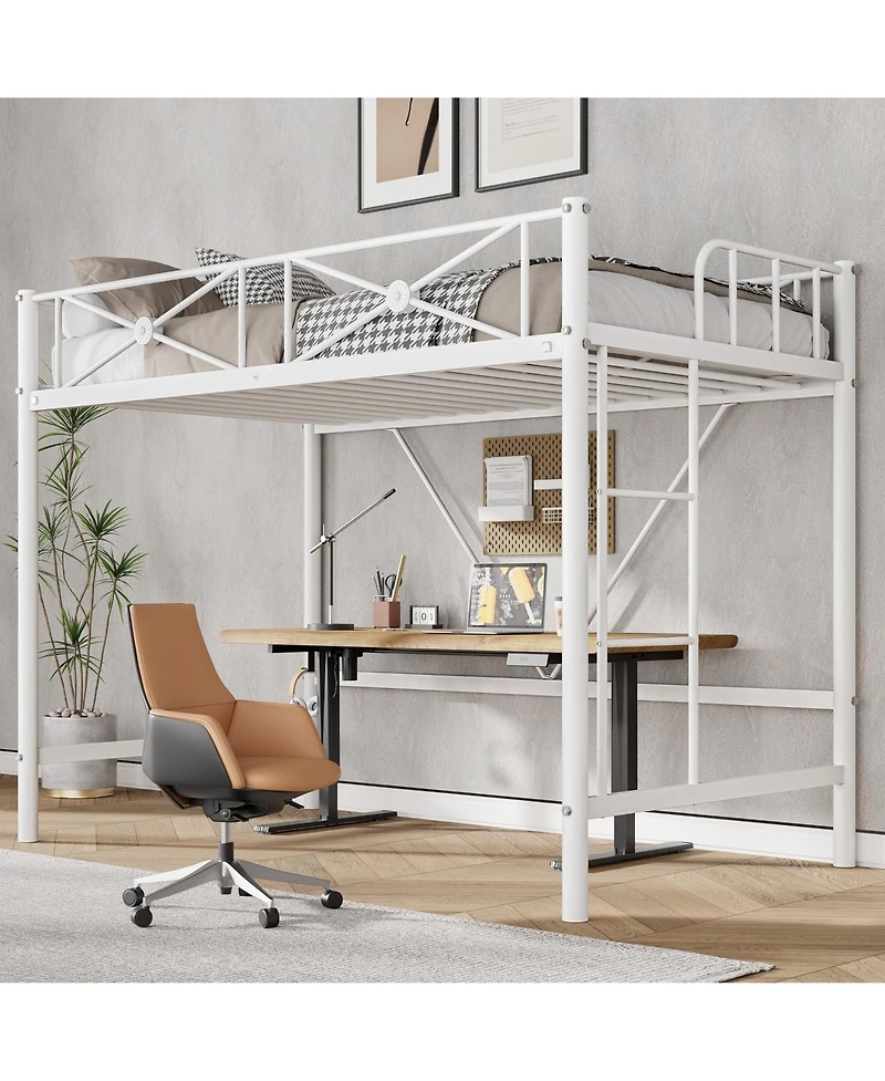 homfan Metal Loft Bed Frame with Ladder and 15.0 Guardrail, Space-Saving Steel Slats, No Box Spring Needed