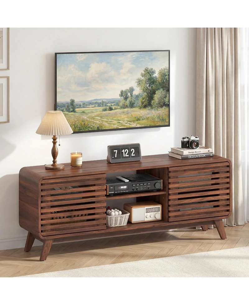 Gymax Tv Stand Mid Century Modern Entertainment Center with Grille-style Sliding Doors