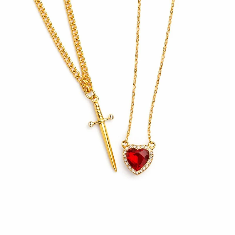 Rebl Jewelry Gold Heart and Dagger 2-Piece Necklace Set