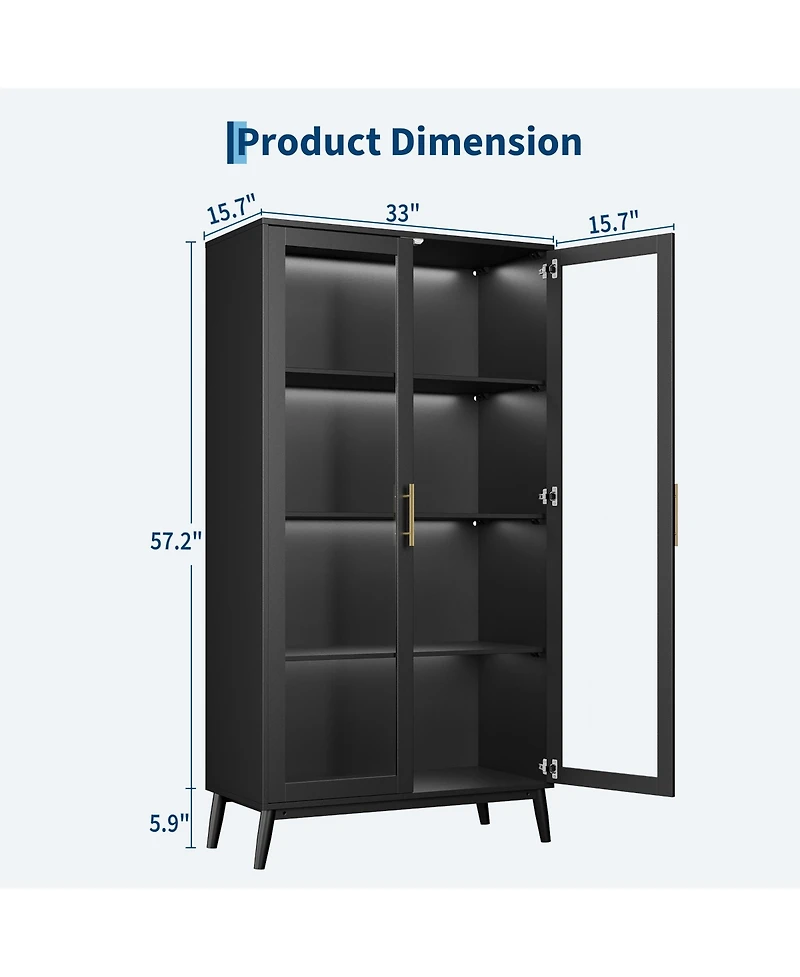 homfan Glass Door Display Cabinet with Motion Sensor Led Lighting, Integrated Usb Power Port and Open Shelving Secure Anti Tip Storage Showcase