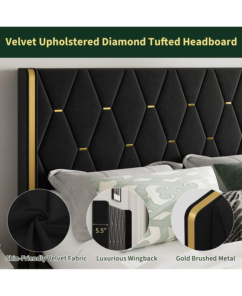 homfan Velvet Lift-Up Storage Bed Frame with Wingback Headboard and Gold Trim, Diamond Tufted Platform Bed
