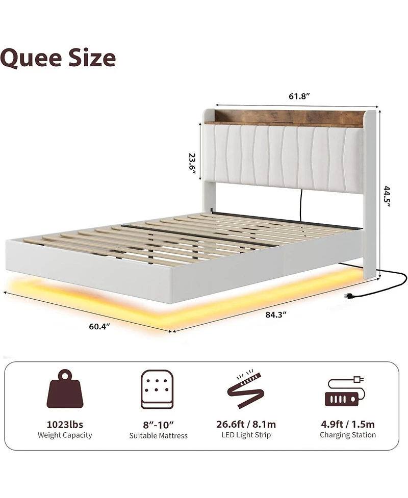 homfan Floating Platform Bed Frame with Led Lights, Charging Station and Storage Headboard, Upholstered Bed