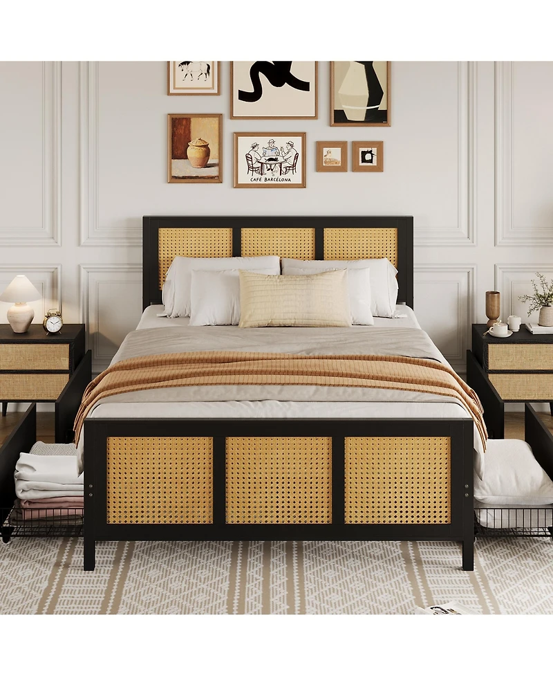homfan Rattan Platform Bed Frame with Led Headboard and 4 Drawers