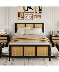 homfan Rattan Platform Bed Frame with Led Headboard and 4 Drawers