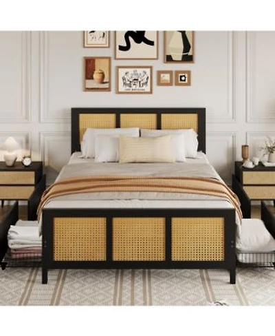 Homfan Rattan Platform Bed Frame With Led Headboard 4 Drawers Metal Slat Support