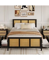 Homfan Rattan Platform Bed Frame With Led Headboard 4 Drawers Metal Slat Support
