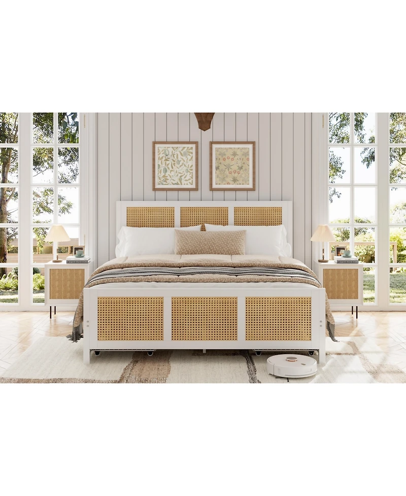 homfan Rattan Platform Bed Frame with Led Headboard and 4 Drawers