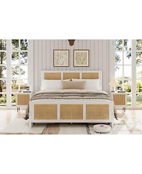 homfan Rattan Platform Bed Frame with Led Headboard and 4 Drawers