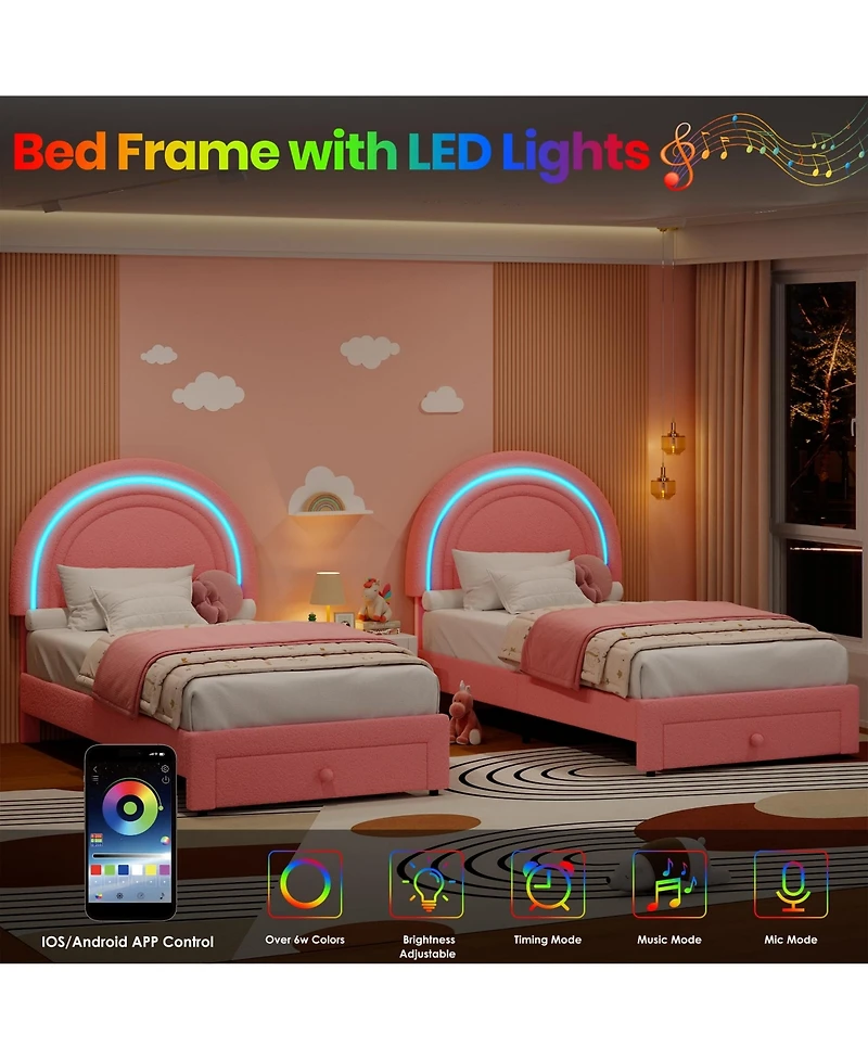 homfan Upholstered Kids Bed Frame with Led Rainbow Headboard and Storage Drawer, Wood Slats, No Box Spring Needed