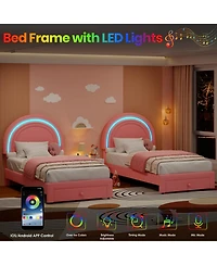 homfan Upholstered Kids Bed Frame with Led Rainbow Headboard and Storage Drawer, Wood Slats, No Box Spring Needed