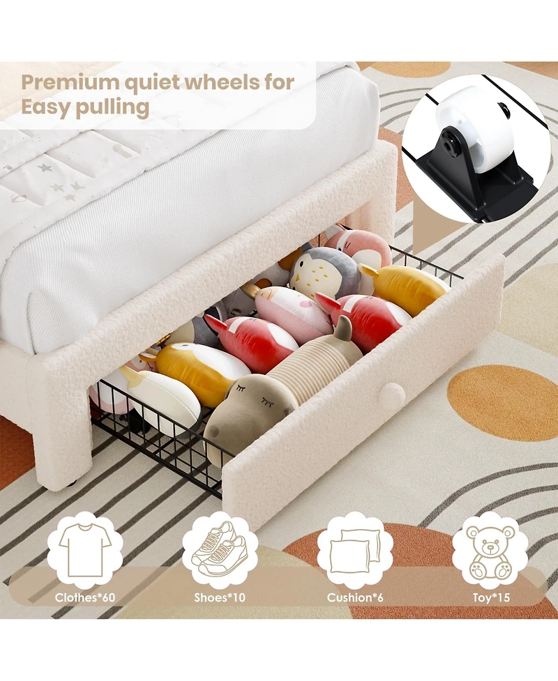 homfan Upholstered Kids Bed Frame with Led Rainbow Headboard and Storage Drawer, Wood Slats, No Box Spring Needed