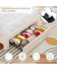 homfan Upholstered Kids Bed Frame with Led Rainbow Headboard and Storage Drawer, Wood Slats, No Box Spring Needed
