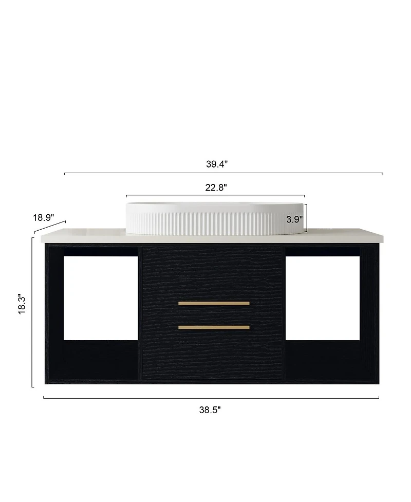 Thirtypeachy Modern Solid Wood Floating Bathroom Vanity, Single Sink Oval Ceramic Sink, Soft-Close Drawers Open Shelf