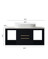 Thirtypeachy Modern Solid Wood Floating Bathroom Vanity, Single Sink Oval Ceramic Sink, Soft-Close Drawers Open Shelf