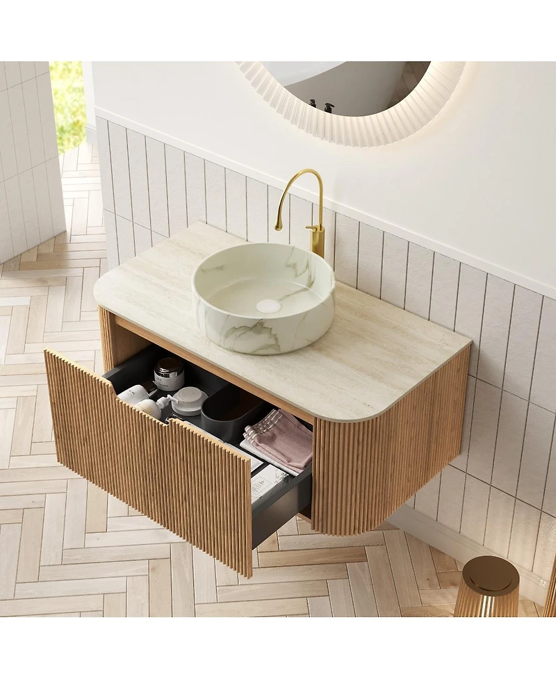 Sillysis Wall Mounted Bathroom Vanity with Sintered Stone Top, Round Ceramic Sink, Wood Grain Drawer
