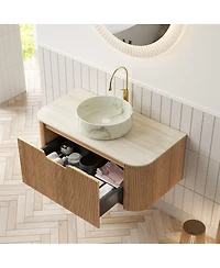 Sillysis Wall Mounted Bathroom Vanity with Sintered Stone Top, Round Ceramic Sink, Wood Grain Drawer
