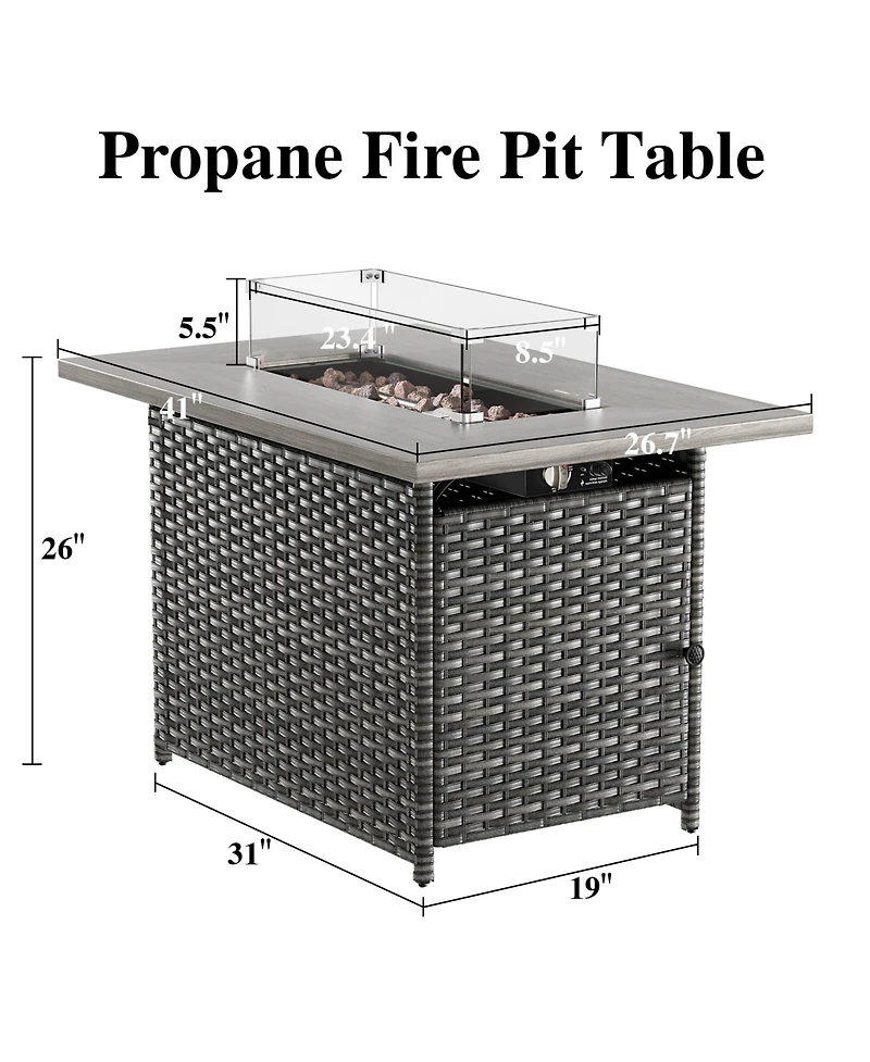 Pocassy Rectangular Propane Fire Pit with 50,000 Btu Output, Fire Pit Table for Outside Patio with volcanic Stones and Wind Guard