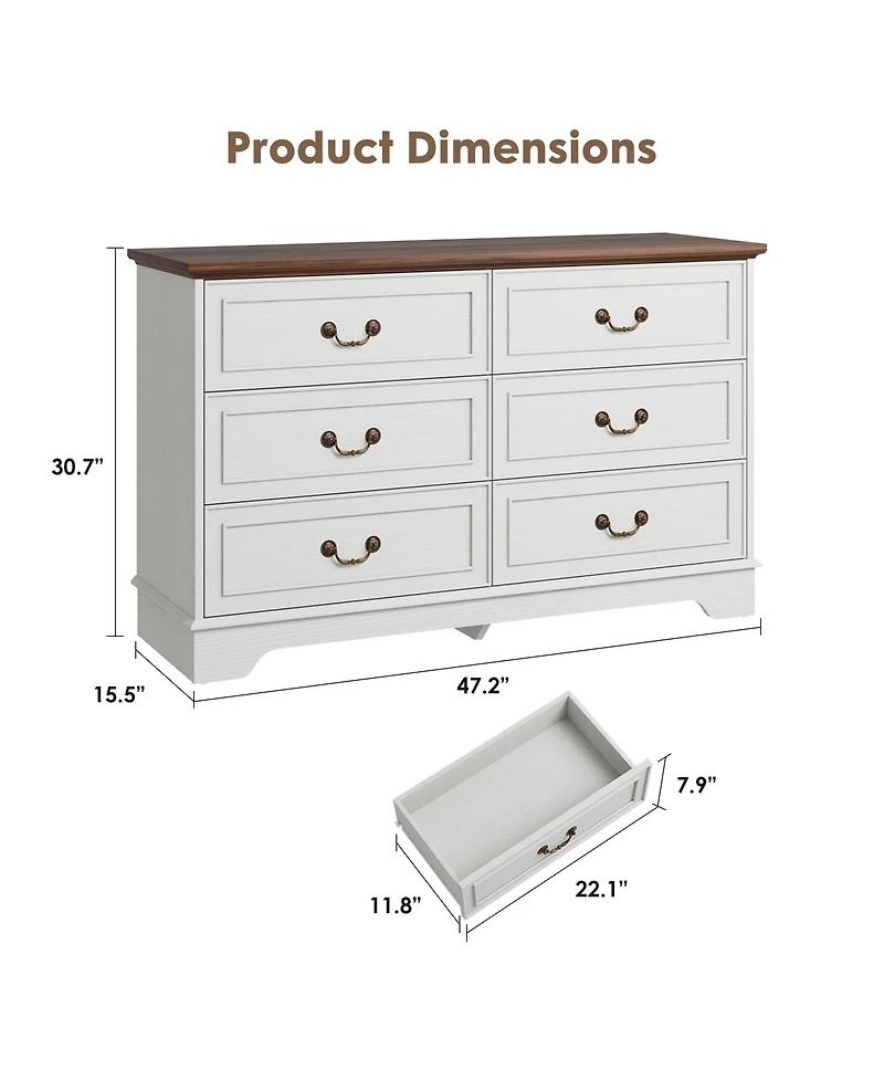 gaomon 6 Drawer Dresser For Bedroom, 47" Wide Double Chest of Drawers, Living Room, Hallway, Entryway