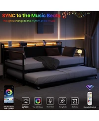 homfan Twin Daybed with Pop-Up Trundle, Led Lights, Charging Station and Corduroy Storage Headboard, Metal Frame