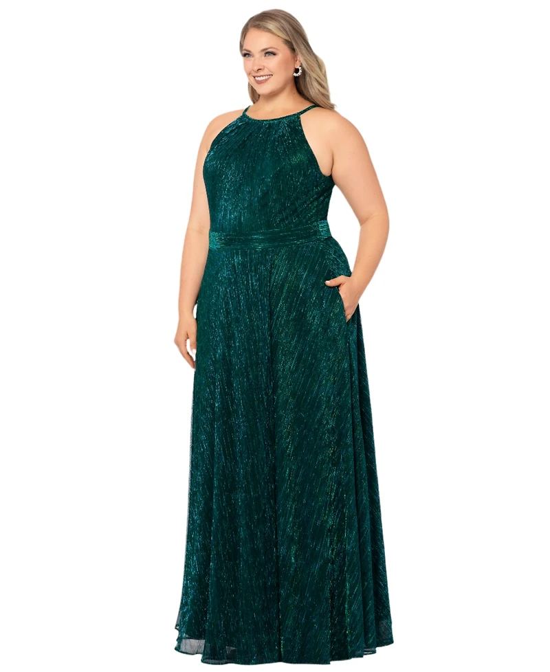 B&A By Betsy and Adam Plus Halter Neck Sleeveless Ball Gown