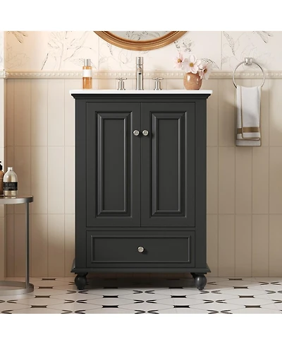 Thirtypeachy Vintage French Solid Wood Vanity With Ceramic Sink, Soft-Close Doors Drawer Dividers, 8" Faucet Fit