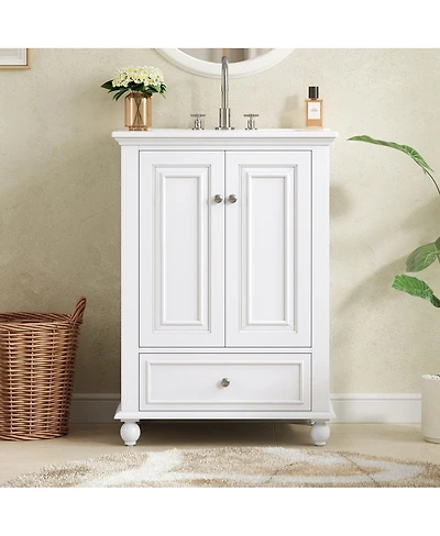 Thirtypeachy Vintage French Solid Wood Vanity With Ceramic Sink, Soft-Close Doors Drawer Dividers, 8" Faucet Fit