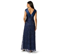 Adrianna Papell Women's Embroidered Boat Neck Gown