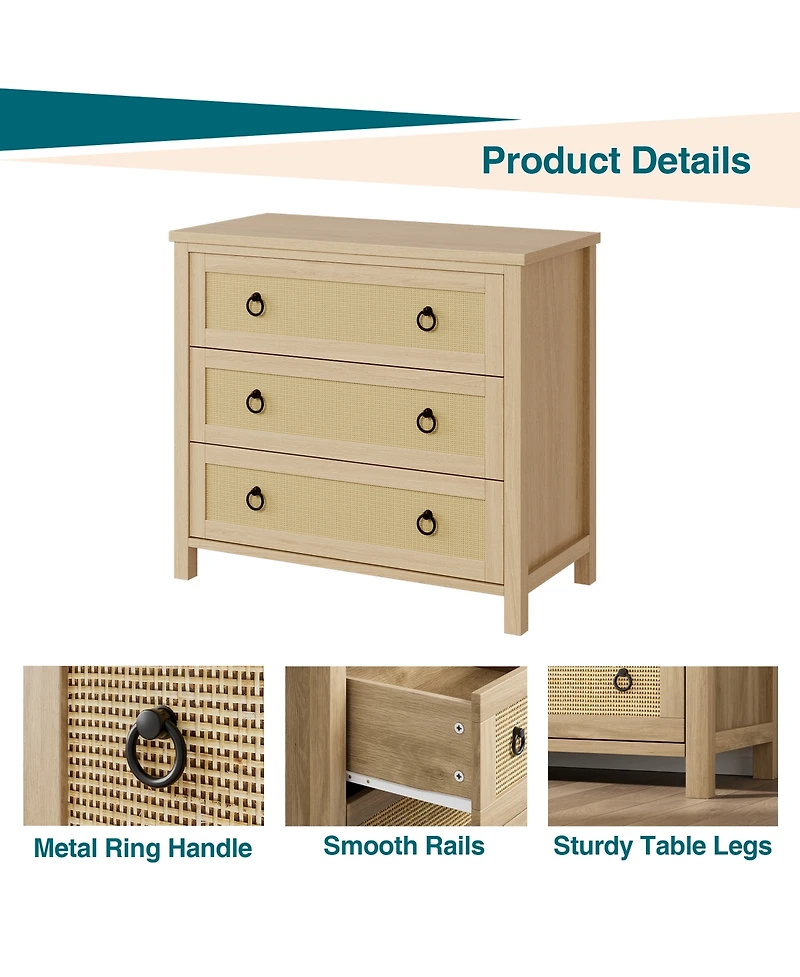 homfan 5 Drawer Tall Dresser, 45 Rattan Boho Chest of Drawers, Wooden with Clothes Storage Cabinet, Organizer for Bedroom