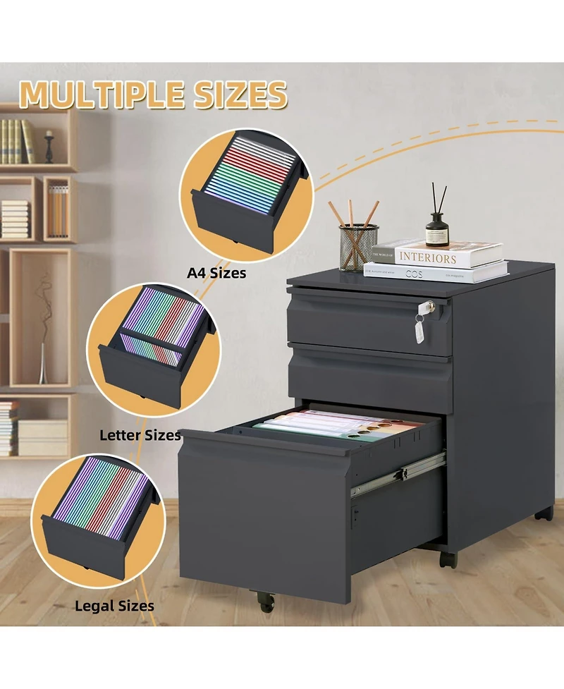 gaomon Filing Cabinets for Home Office Organizer, 3 Drawer Mobile File Cabinet with Lock and Anti-Tip Wheel,Under Desk Metal