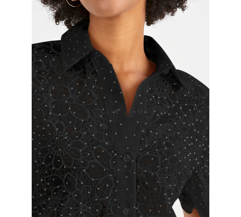 I.n.c. International Concepts Women's Crystal Embellished Short-Sleeve Button Down, Macy's Exclusive