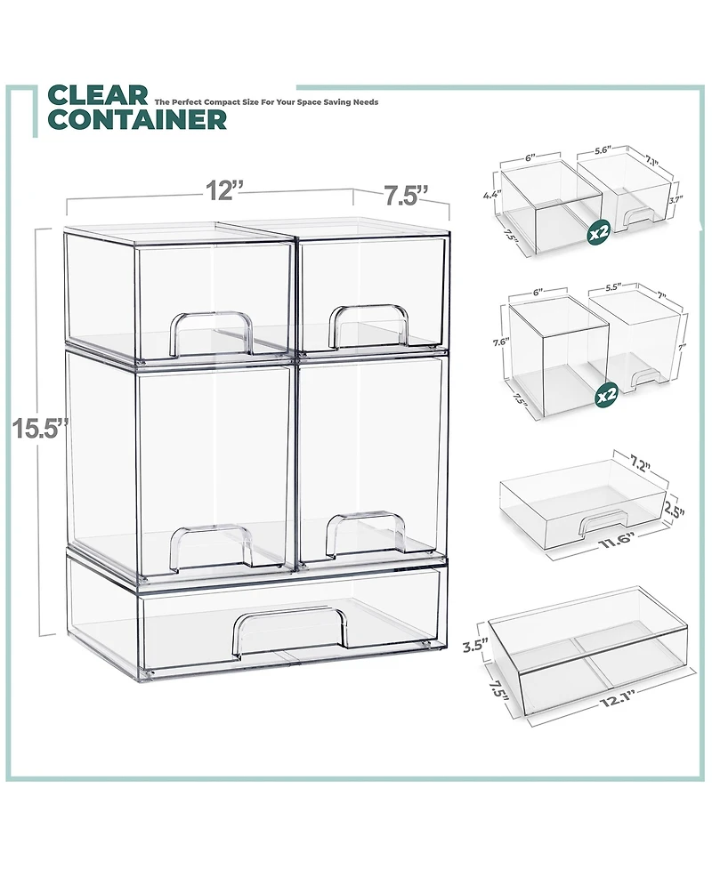 Sorbus 5 Piece Clear Stackable Pull-Out Storage Organizer Bins for Baby Bottles, Bathroom, Kitchen and More
